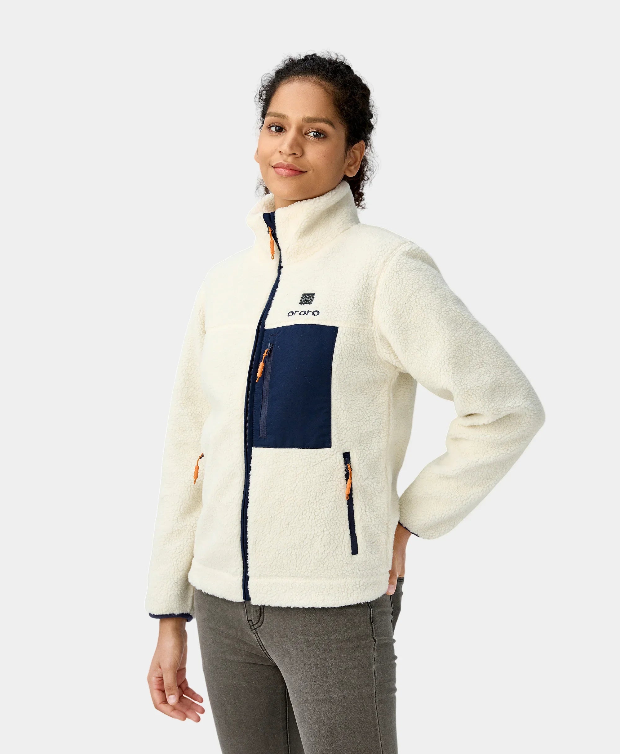 ORORO Heated Women's Colorblock Recycled Fleece Heated Jacket - White (ORORO Heated Final Sale) - Image 3